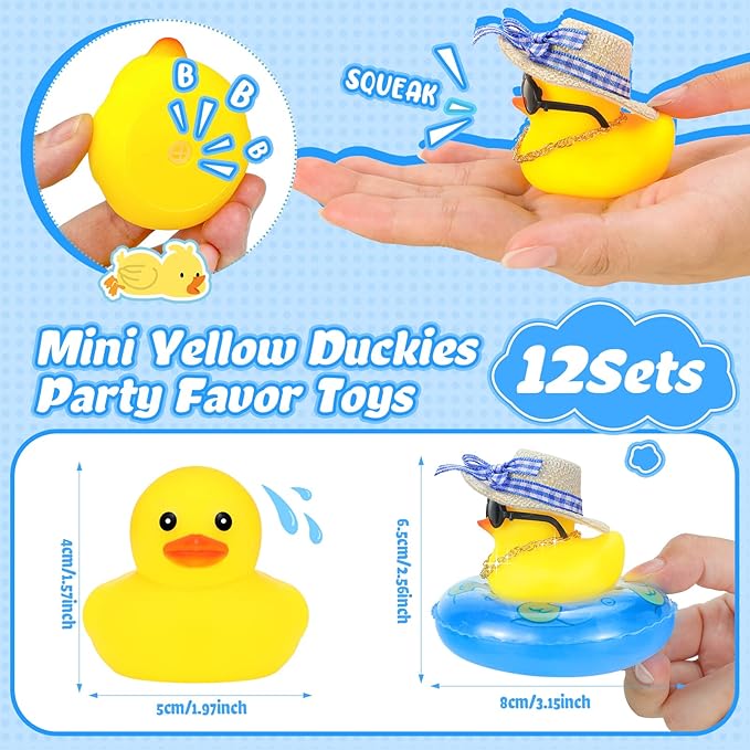 Summer Rubber Duck Mini Yellow Duck Bath Toys Duckies Car Dashboard Decorations with Mini Sun Hat Swim Ring Necklace and Sunglasses for Bathtub Shower Birthday Swimming (24 Set)