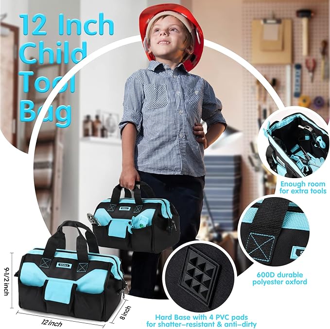 SHALL 26-Piece Kids Size Tool Set, Real Tools Kit for Kids with 12" Tool Bag, Safety Certified Children Learning Tool Set with Hand Tools for Boys & Girls Age 6+, DIY Building, Woodwork & Construction
