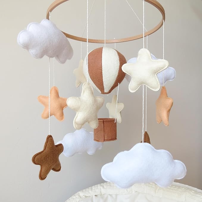Neutral Hot Air Balloon Mobile for Crib Boho Baby Crib Mobile for Girls Boys Stars & Clouds Hot Air Balloon Baby Mobile for Crib