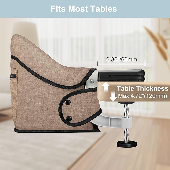 Clip-On High Chair with Removable Dining Tray for Babies and Toddlers, Fold-Flat Storage Portable Baby Feeding Seat, Attach to Fast Table Chair for Home Travel (Brown)