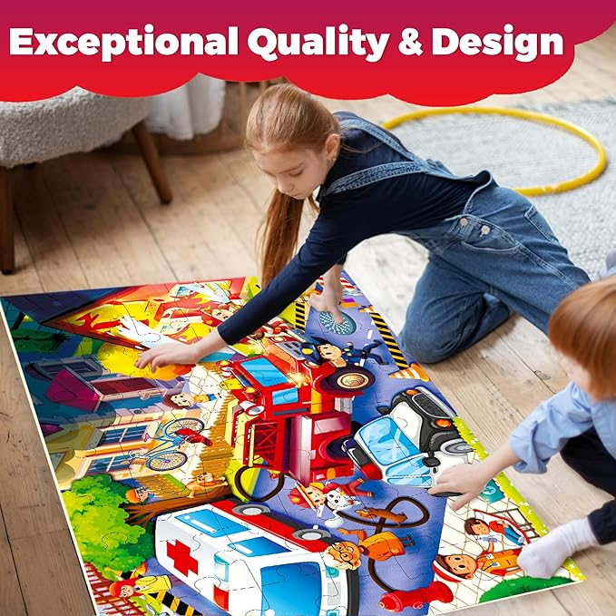 QUOKKA Giant Floor Puzzle for Kids Ages 4-6 – 2x3 Feet Extra-Thick 48 Pieces Toddler Puzzle Ages 3-5 – Firetrucks Educational Activity for Boys Girls – Premium Box with Sturdy Handle & Magnetic
