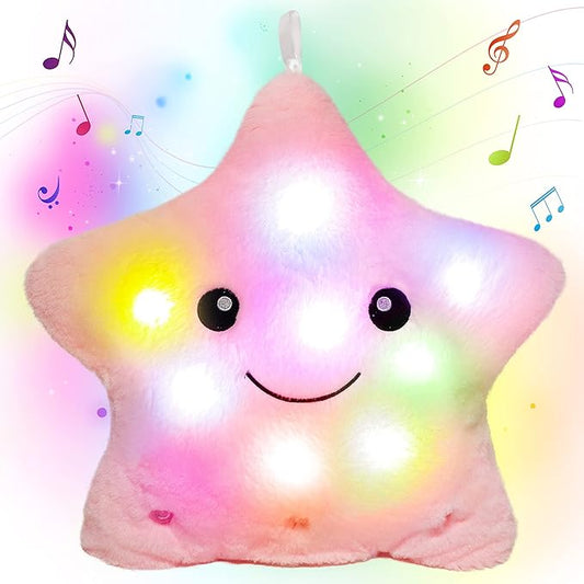 Cuteoy 13" Musical Pink Star Plush Pillow Glowing Twinkle Night Light Stuffed Animal LED Toys Adjustable Volume Birthday for Girls Boys