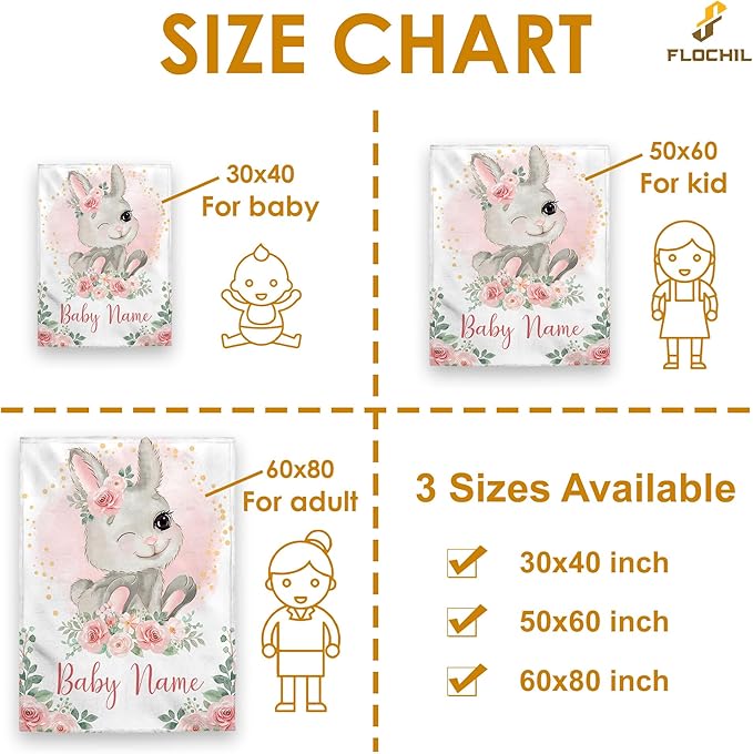 FLOCHIL Personalized Baby Blanket for Girls, Custom Baby Blanket with Name, Customized Baby Products, Gift for Baby, Newborn, Baby Shower (Bunny 1)