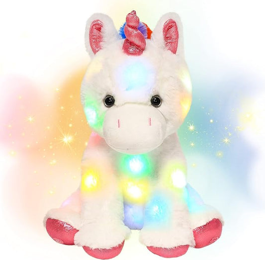 Hopearl LED Plush Unicorn Lighting Up Stuffed Animal Floppy Night Lights Glow in The Dark Birthday Festival for Kids Toddler Girls, White, 13''