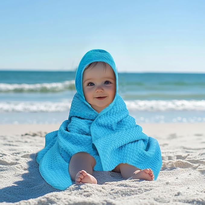 ORIGINAL KIDS Hooded Baby Towel for Newborn - Soft Snugly Waffle Weave Baby Bath Towel with Hood for Infants, Toddlers - 100% Cotton Wrap - Absorbent Newborn Bath Essentials - Large 32x32 - Aqua