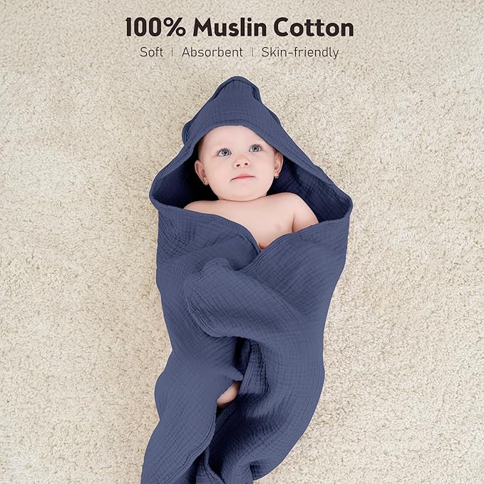 Susurration Hooded Baby Towels for Newborn 2 Pack 100% Muslin Cotton Towel for Babies，Highly Absorbent and Newborn Essential 30x30 Inch Moon&Royal Blue