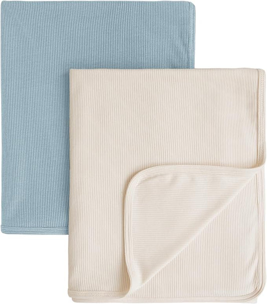 Konssy Knit Baby Blanket 2 Pack, Soft Ribbed Swaddle Receiving Blankets for Boys & Girls, Lightweight Cozy Swaddling Wrap for Newborns, Infants, & Toddlers, 33x42 Inch (Blue, Beige)