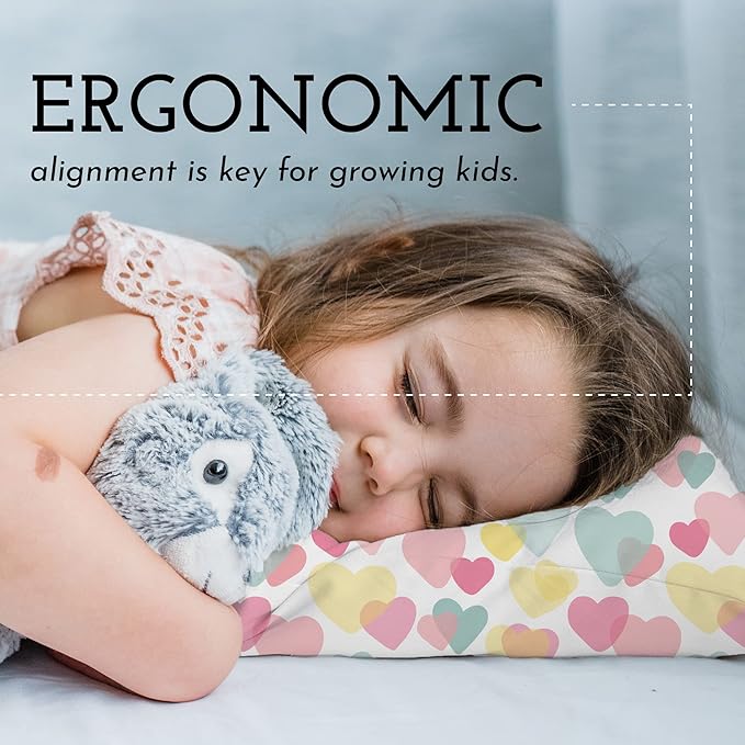 Little Sleepy Head Toddler Pillow with Pillowcase 13x18 - Kids Pillow for Sleeping - Toddler Pillow - Better Neck Support Ergonomic Pillow and Toddler Pillowcase - Best Pillows for Kids (Hearts)