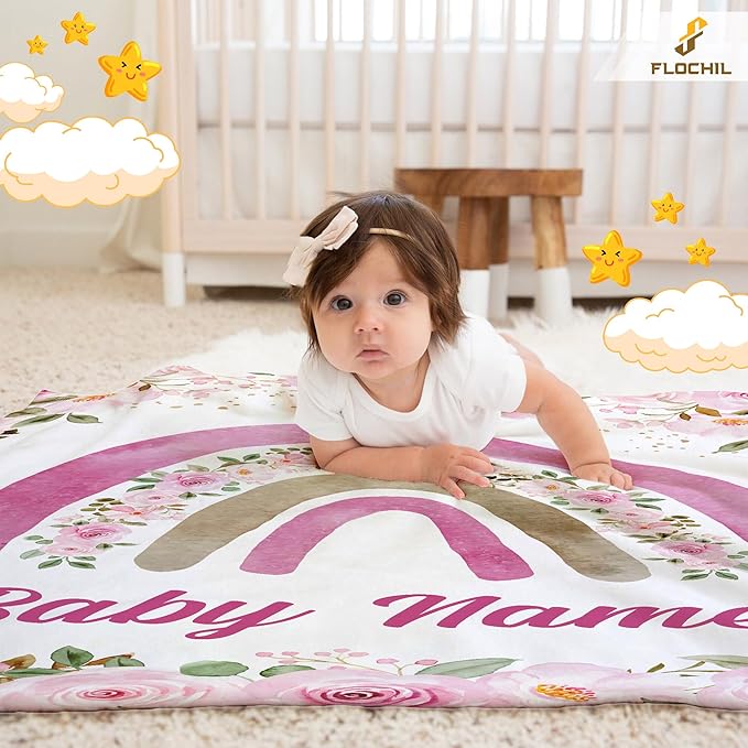 FLOCHIL Personalized Baby Blanket for Girls, Custom Baby Blanket with Name, Customized Baby Products, Gift for Baby, Newborn, Baby Shower (Rainbow)