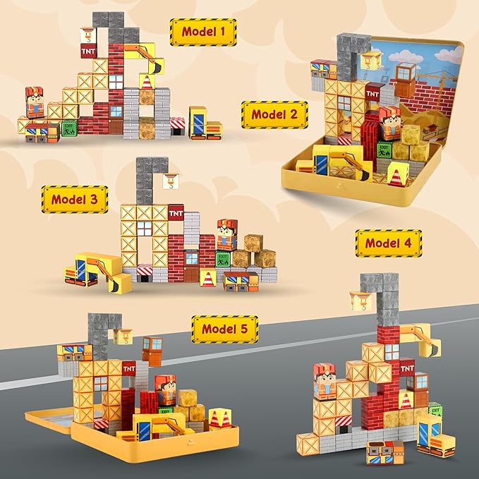49PCS Mini Magnetic Blocks Construction Set – STEM Building Toys for Toddlers, Travel Magnet Cubes with Portable Iron Box, Creative 3D Construction Play for Kids Ages 3–8, Boys & Girls