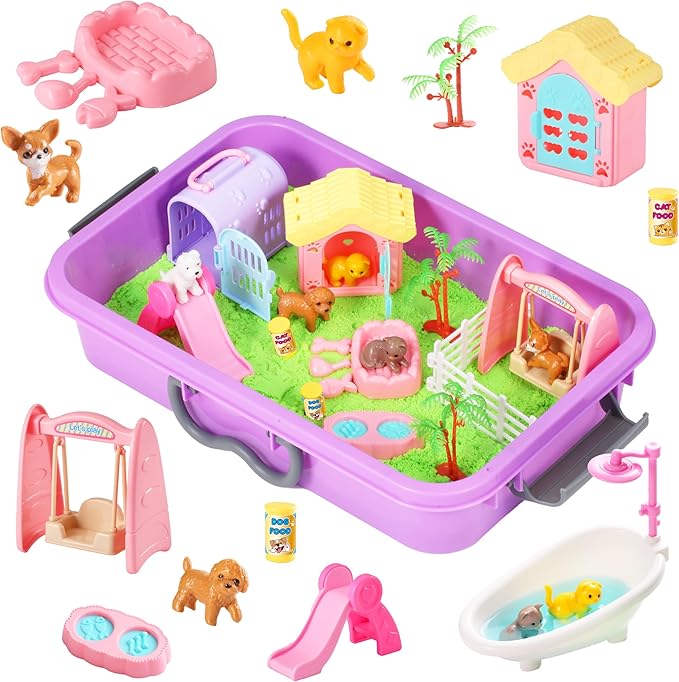 Pet Sensory bin,Dog and Cat Sandbox for Kids,Kids Play Sand Kit,Pet Play Set with Sensory Sand,Pet Care Play Set,Role Pretend Play Beach Toy Birthday Gift for Girls Boys 3 4 5 6 Years Old