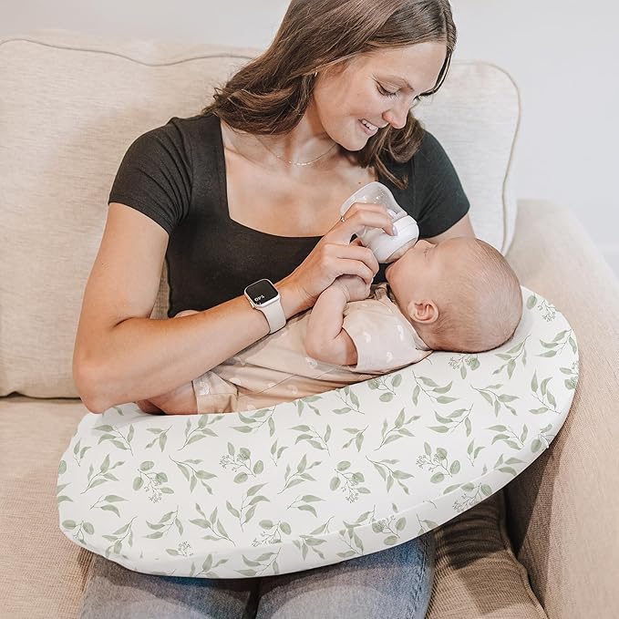 Konssy 2 Pack Nursing Pillow Covers, Stretchy and Soft Nursing Cover for Breastfeeding Pillows, Pillow Slipcover for Baby Girls Boys Newborn (Green, Green Leaves)