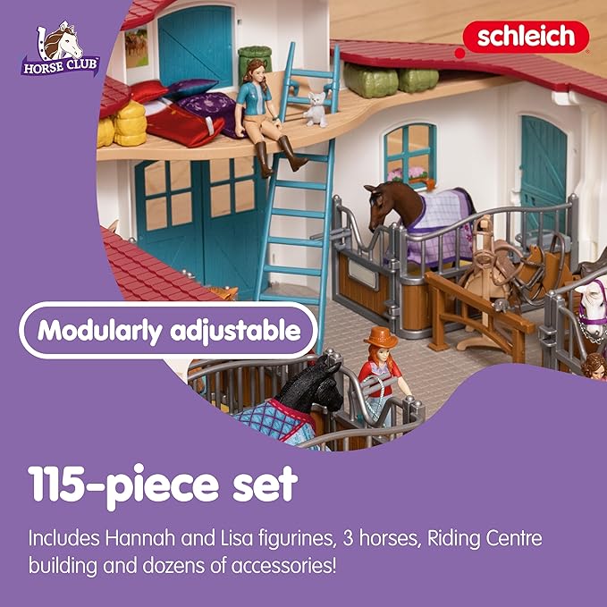 Schleich Horse Club - 115 PC Lakeside Riding Center Horse Toy Playset with Horses and Riders, Barn and Farm Figurine Accessories - Farm Toys for Girls and Boys - Realistic Kids Toys Ages 5+ | 42567