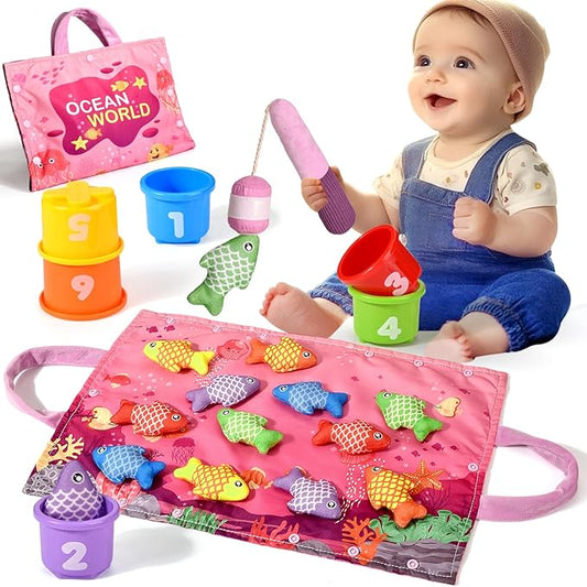 Montessori Toys for 1 Year Old Girl Gifts, 20PCS Pink Cloth Fishing Toy for Toddler 1-3, Fine Motor Skills Toy Sorting Learning Baby Toys 6-12-18 Months, One Year Old Girl Boy Birthday Gifts
