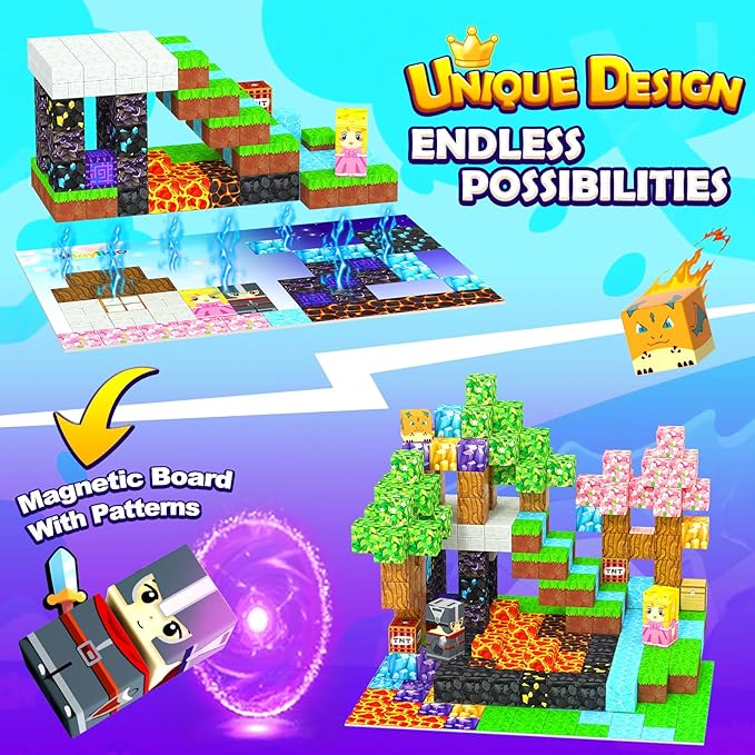 154PCS Magnetic Blocks - Build Mine Magnet World Stacking Cube Toys with Magnet Board, Magnetic Tiles Building Blocks STEM Construction Toys, Sensory Games for Kids Age 3+ Boys Girls Birthday Gift