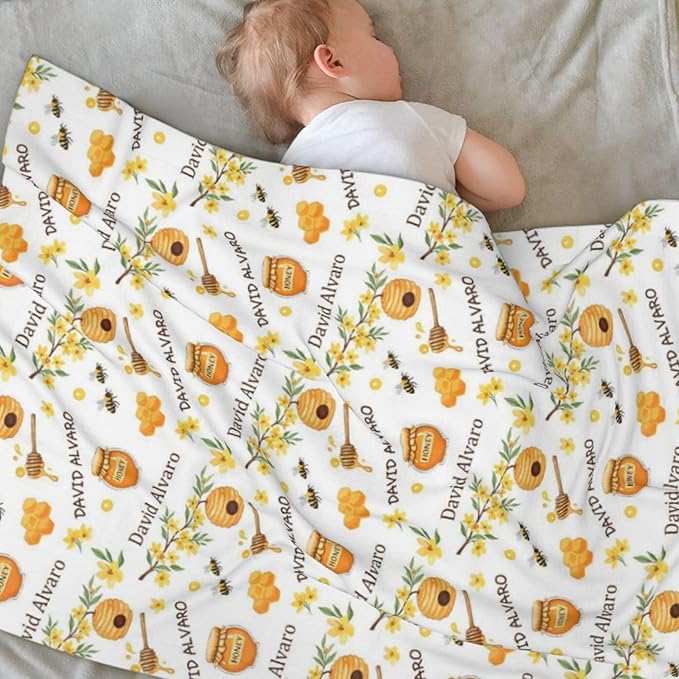 Ship Next Day, Personalized Baby Blanket for Boys Girls - Printed in USA, Custom Name Toddler Blanket with Honey Pattern, Perfect Newborn Gift