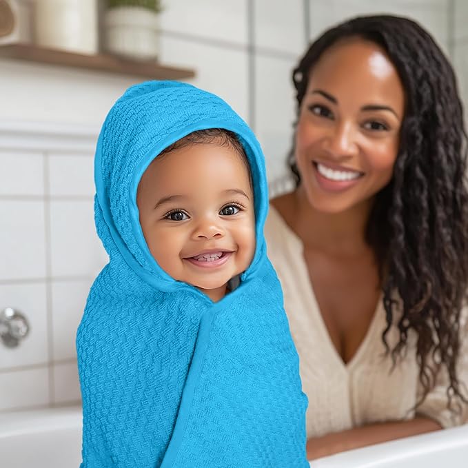 ORIGINAL KIDS Hooded Baby Towel for Newborn - Soft Snugly Waffle Weave Baby Bath Towel with Hood for Infants, Toddlers - 100% Cotton Wrap - Absorbent Newborn Bath Essentials - Large 32x32 - Aqua
