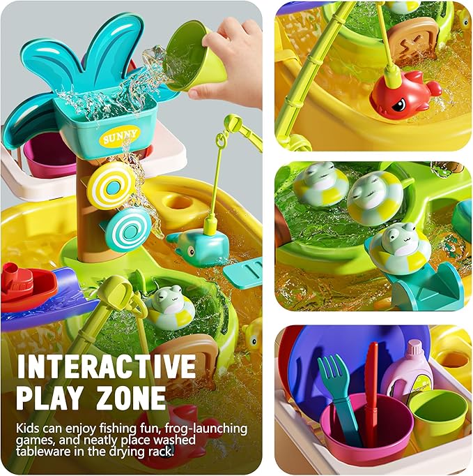Water Table for Toddlers 1-3, 4-in-1 Outdoor Sand and Water Play Tables with Pump, Summer Kitchen Sink Toy with Fishing Game, Floating Boat, Sensory Gifts for Kids Ages 3-8