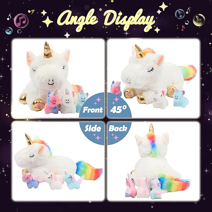 Hopearl LED Musical Stuffed Unicorn Playset Lighting Up Singing Plush Toy Mommy Unicorn with 3 Baby Unicorns in her Tummy Adjustable Volume Lullaby Animated Soothe Gifts for Kids Girls, White, 19''