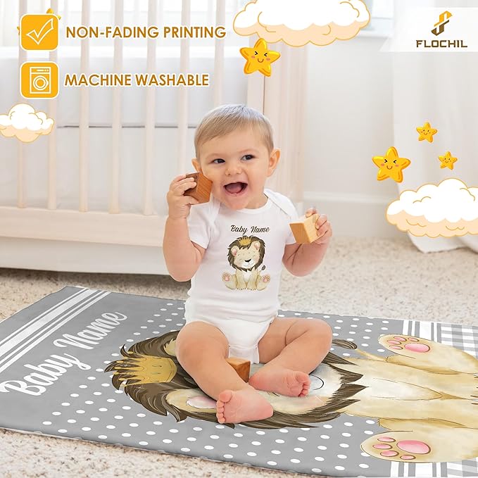 Personalized Baby Blankets, Custom Baby Blanket - Baby Blanket with Name for Boys, Best Gift for Baby, Newborn Elephants Flush Fleece (30x40) (Lion)