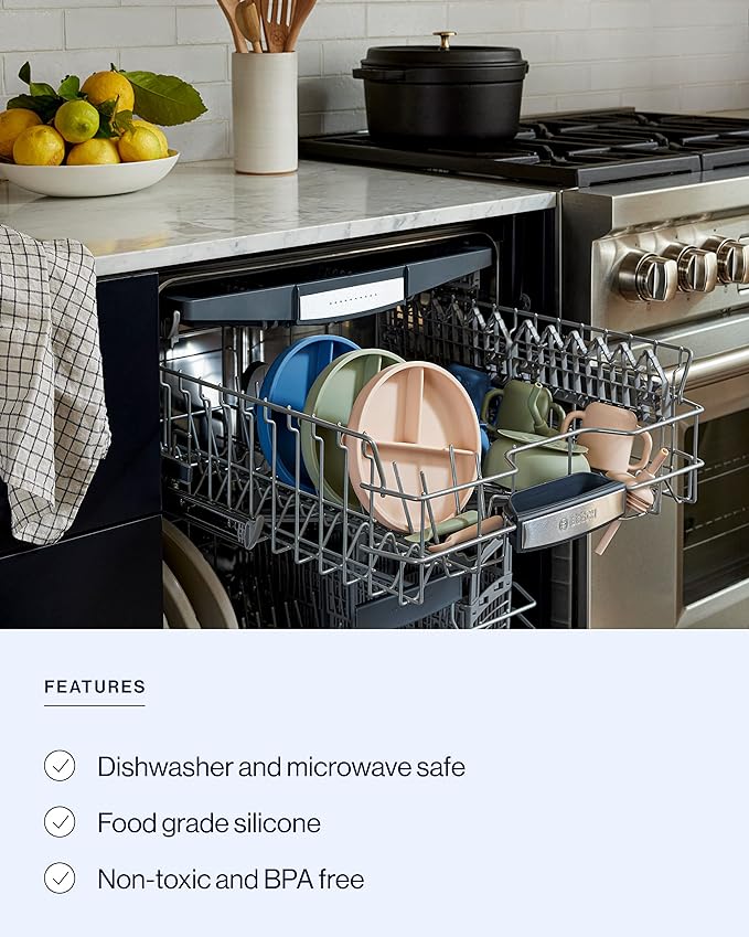 Lalo First Bites Silicone Baby Feeding Set - Baby Led Weaning Supplies - Non-Toxic Silicone - Includes 1 Bib, 2 Spoons, Training Cup, Suction Plate and Bowl - 6 Pieces - Sage