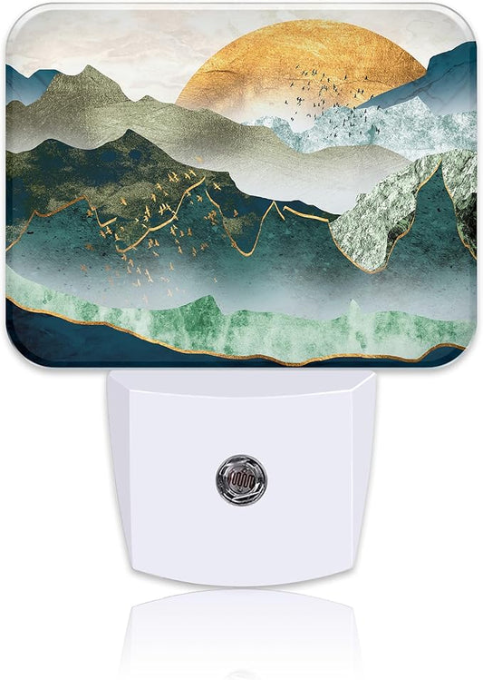 Green Mountains Plug in Night Lights, Golden Sunset Nightlight Plug Into Wall Dusk to Dawn Sensor for Kid Girls Boys Women Men Bedroom, Hallway, Kitchen, Bathroom, Stairs Decor