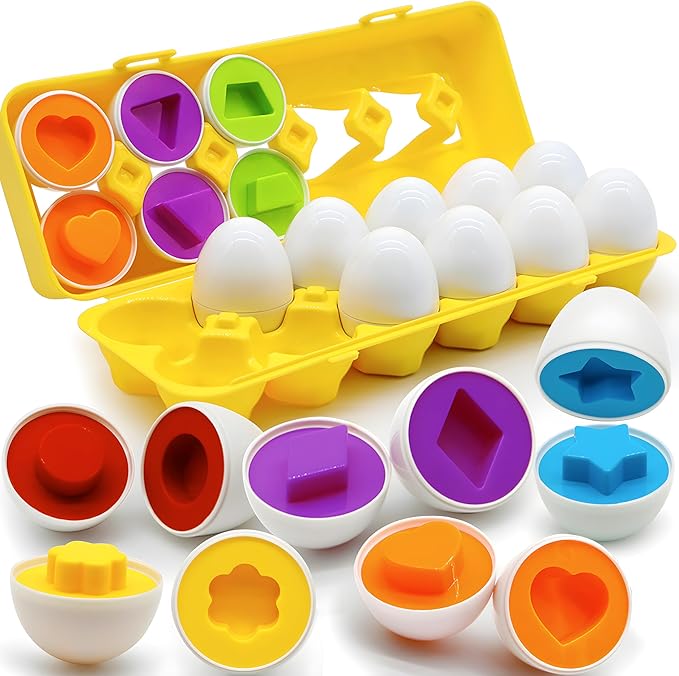 Matching Eggs for Toddlers 1-3, 12 Pcs Set Shape Sorter Puzzle Color Sorting Learning Fine Motor Skills Game, Sensory Educational Montessori Toys Gift for 1 2 3 Year Old Kids Baby Boys Girls