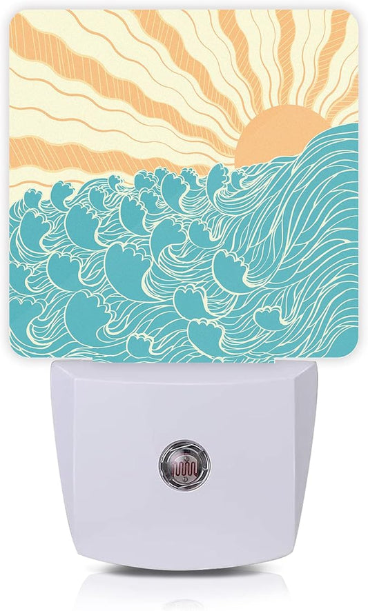 Waves Night Light,Sea Landscape Sun Plug-in Night Lights with Dusk-to-Dawn Sensor for Women/Girls/Boys Gift Sleep Friendly lamp for Bedroom, Bathroom and Living Room,0.5W