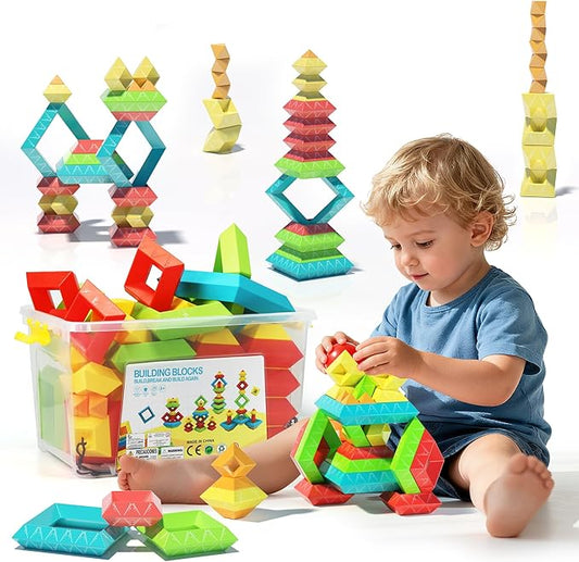 100Pcs Montessori Toys for Ages 1-3 2-5 Toddlers Kids Baby,Pyramid Stacking Building Toys,3D Preschool Learning Blocks for Kids,STEM Sensory Toy Gifts for 2-4 Year Old Boy Girl,Big Plastic Storage Box