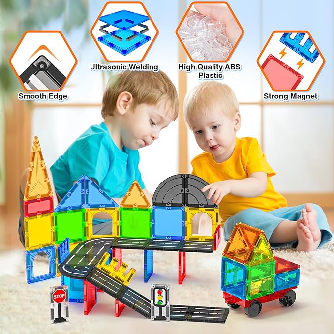 Magnetic Tiles Road Sets with Car, Magnetic Building Blocks Toys for 3+ Year Old Boys Girls, Montessori Magnet Kids Toys, Construction Toys for Ages 3 4 5 6 7 8 Christmas Birthday Gifts for Toddlers