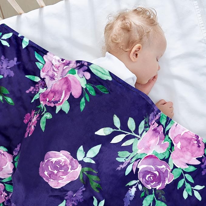 TANOFAR Minky Baby Blankets, Soft Toddler Blanket for Boys Girls, Dotted Backing, Double Layer Crib Receiving Blanket, for Nursery/Stroller/Toddler Bed/Carseat, 30 x 40 Inch, Purple Floral