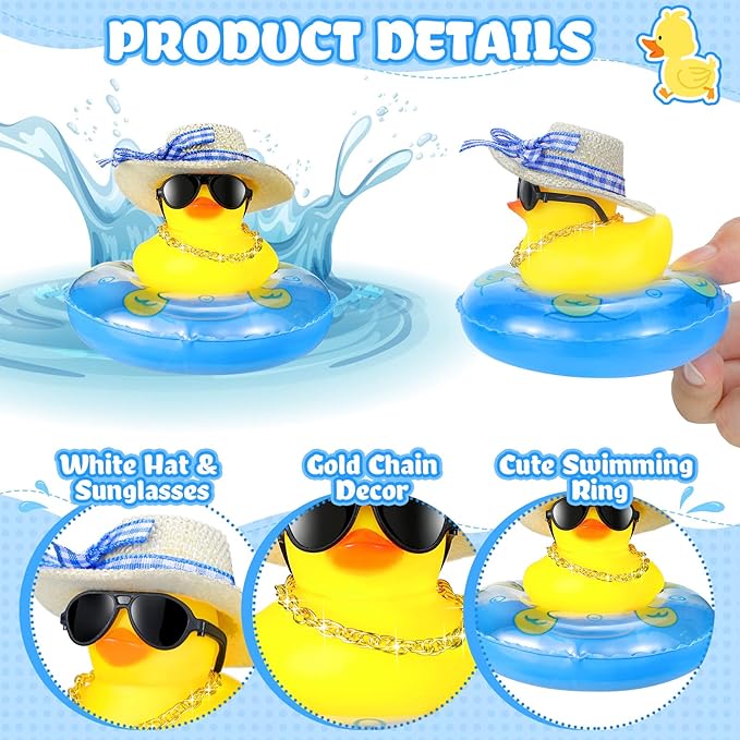 Summer Rubber Duck Mini Yellow Duck Bath Toys Duckies Car Dashboard Decorations with Mini Sun Hat Swim Ring Necklace and Sunglasses for Bathtub Shower Birthday Swimming (24 Set)