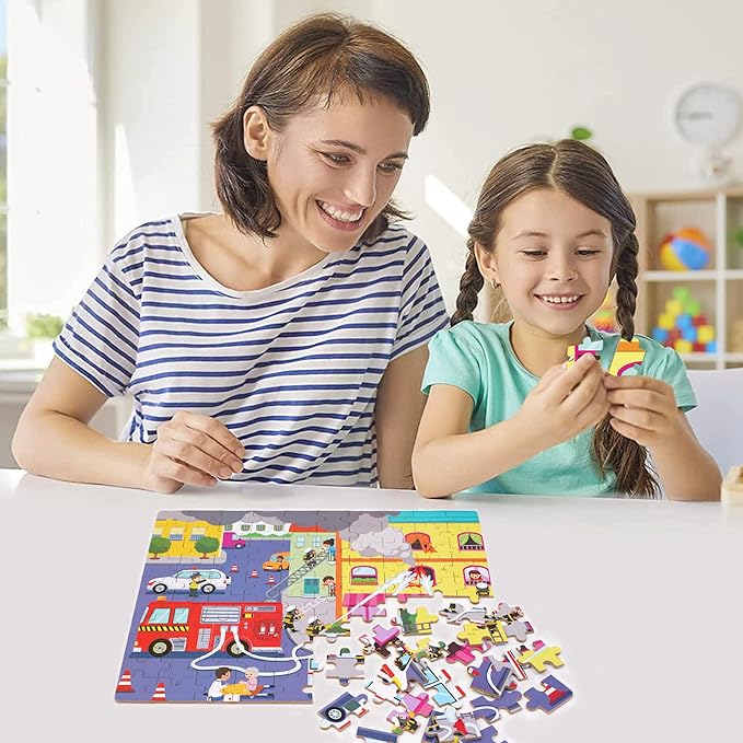 LELEMON 100 Pieces Jigsaw Puzzles in a Metal Box for Kids Age for 4-8 Boys Girls Toy Puzzles Fire Truck Ambulance Police Car Fireman Children Learning Educational Puzzles Toys