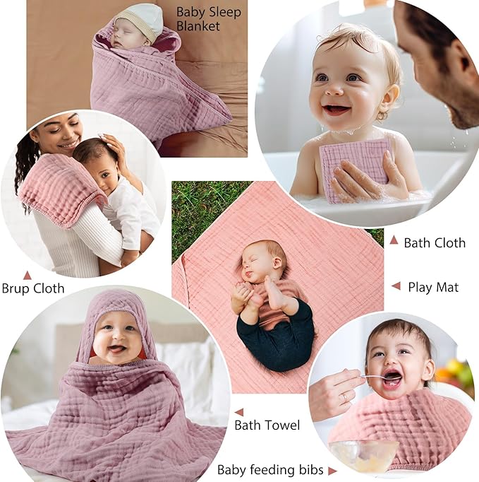 VitalCozy 6 Pcs Baby Muslin Hooded Bath Towels and Washcloths, 32 x 32 Inch Muslin Cotton Hooded Baby Towels Absorbent Hooded Blankets for Gift Newborn Infant Shower (Pink,Rose)