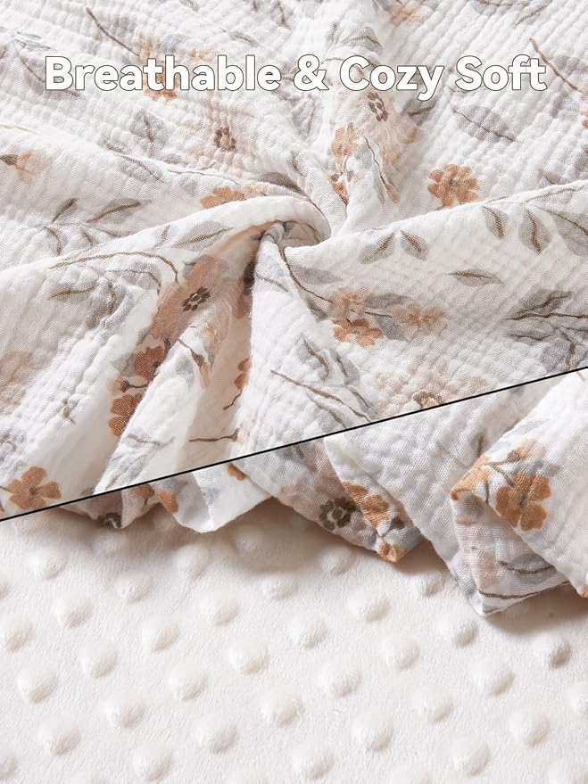 TILLYOU Baby Blankets for Girls Boys, Receiving Baby Blanket with Double Layer Soft Plush, Minky Muslin Cotton Front and Dotted Backing 30"x40", Yellow Flower