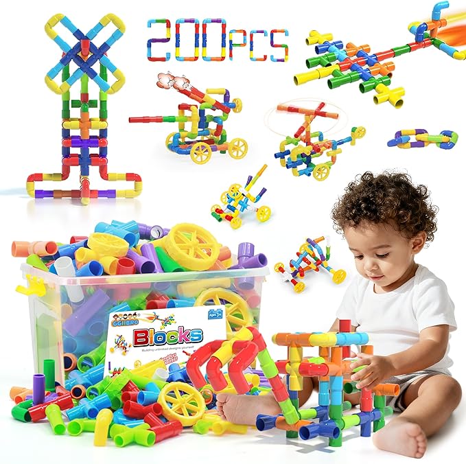 STEM Building Toy for Toddlers 200Pieces Tube Pipe Toy,Educational Preschool Game for 3+ Years,Learning Building Blocks Play with Storage Box Gift Kit,Montessori Toys for Boys & Girls