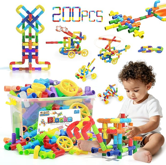 STEM Building Toy for Toddlers 200Pieces Tube Pipe Toy,Educational Preschool Game for 3+ Years,Learning Building Blocks Play with Storage Box Gift Kit,Montessori Toys for Boys & Girls