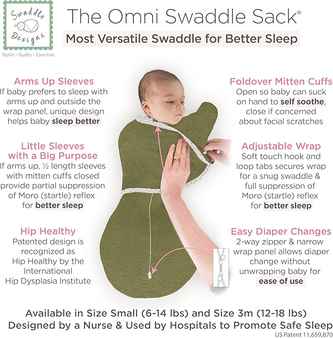 SwaddleDesigns 6-Way Omni Swaddle Sack Arms Up Swaddle for Newborn, More Options to Calm Startle Reflex, Improves Sleep