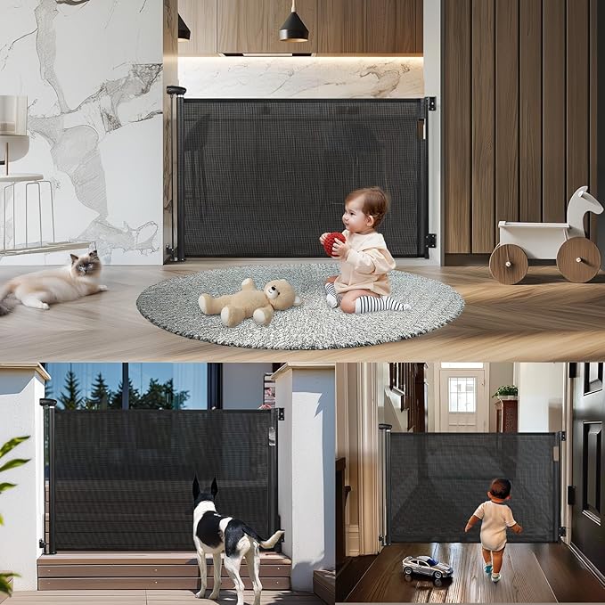 Retractable Baby Gate, 34" Tall, Extends up to 55" Wide, Durable Auto-Lock Baby Gates for Stairs, Mesh Dog Gate and Child Safety Gates for Doorways, Hallways, Indoor, Outdoor(Black)