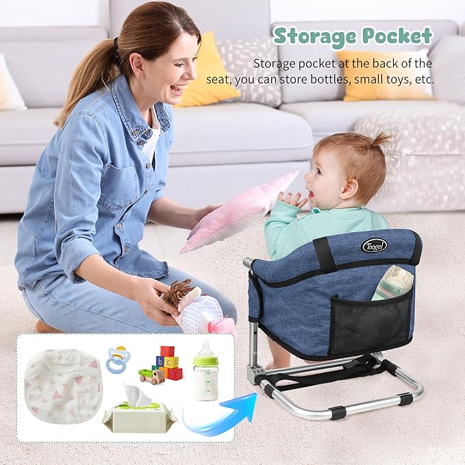 Booster Seat for Dining Table: Portable Toddler Booster Chair with Safety Buckle and Height Adjustable, Foldable Baby Feeding Chair, Kids High Chair Booster Seat for Kitchen Home Travel - Navy Blue
