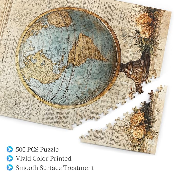 Classic Globe with Detailed World Map and Vintage Documentation, Beautifully Complemented by Decorative Roses，500 Piece Adults Wooden Jigsaw Puzzle，Ideal for Relaxation and Family Fun