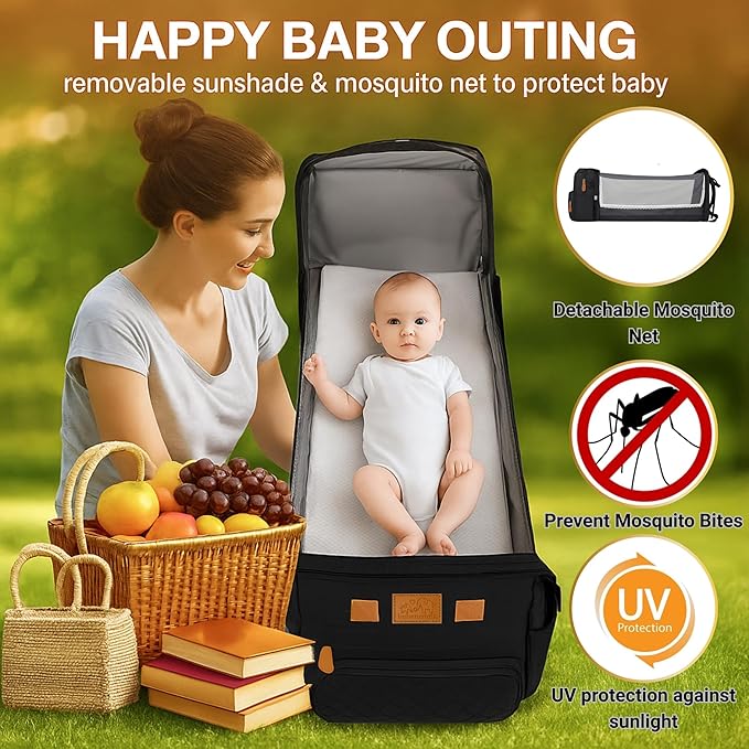 Large Diaper Bag Backpack with Changing Station, USB Charging Port, Insulated Pockets, Mosquito Net & Sun Shade – Waterproof Large Capacity Travel Diaper Bag for Moms & Dads