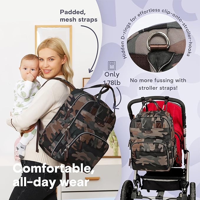 RUVALINO Diaper Bag Backpack, Multifunction Travel Pack Maternity Baby Changing Bags, Large Capacity, Waterproof, Green Camo