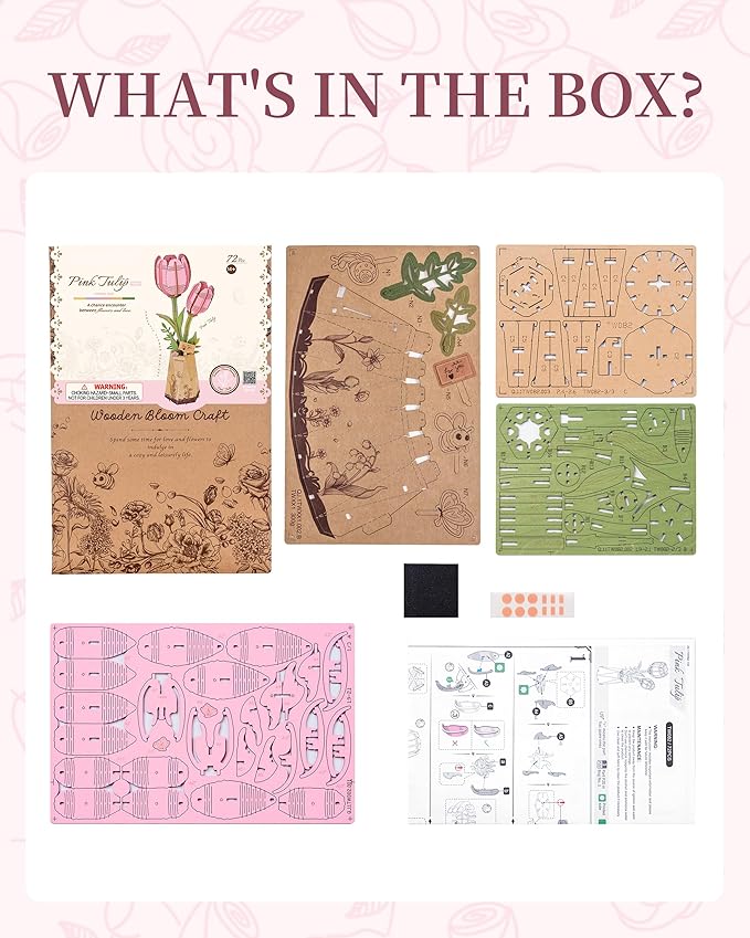 3D Flower Wooden Puzzles for Adults-Pink Tulip, DIY Wooden Flowers Model Kit Building Set Crafts for Adults to Build, Botanical Collection/Ideal Creative Gift Ideas/Housewarming (72PCS)