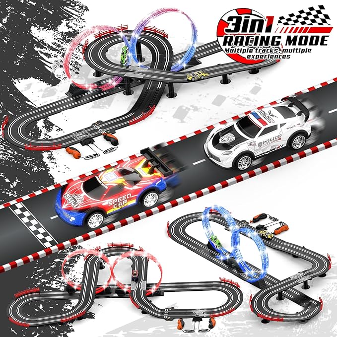 3 IN 1 Slot Car Race Track Sets with 4 High Speed Slot Cars, Electric Race Car Track Include Circular Overpass Flash Tracks, 1:43 Remote Control Track Car Game Toys Gifts for Adults Boys Ages 6 7 8-12
