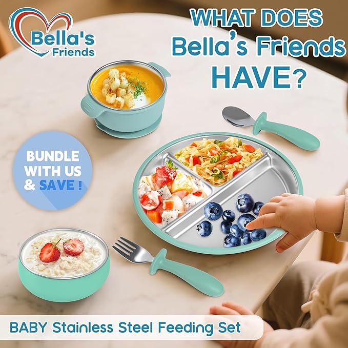 Bella’s Friends Baby Feeding Set, 2 Pack Stainless Steel Divided Plate with Silicone Suction, 2 Set Spoons and Forks, BPA Free, Dishwasher Safe, Baby Led Weaning Supplies, Toddler Utensils,beige green