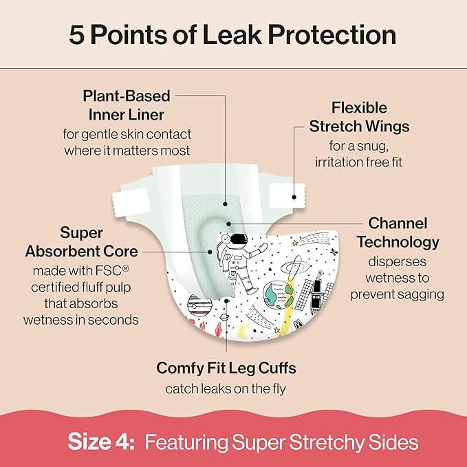 The Honest Company Clean Conscious Diapers for Delicate Skin, Up to 100% Leakproof Hypoallergenic Fragrance-Free Baby Diapers, Gender Neutral Prints, Super Club Box, Size 4 (22–37 lbs), 104 Count