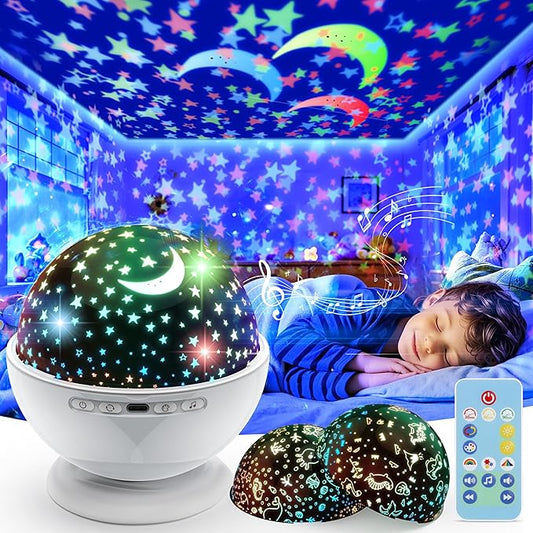 Night Light Projector,Night Light for Kids Room with Remote and Timer,360° Rotation,3 Projection Films,18 Light Modes,8 Lullaby Songs,Kids Night Lamp, Birthday Christmas Gifts for Boys Girls (White)