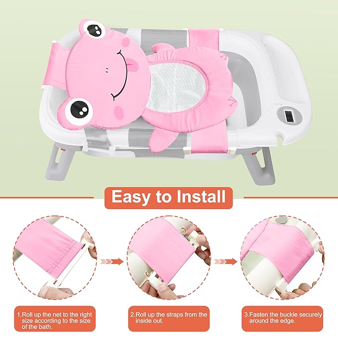 Baby Bath Seat Support Net, Quick Drying, Adjustable, Comfortable, Non-Slip, Infant Bathtub Sling Shower Mesh for a Tub, Soft Newborn Bath Mat (Deep Pink Frog)