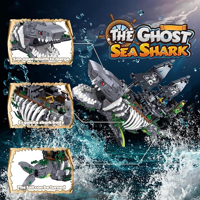 Mechanical Shark Ship Building Blocks Set, The Ghost Sea Shark Pirate Ship Building Blocks Sets,Toys Gift for Kids Adult Collections Enthusiasts